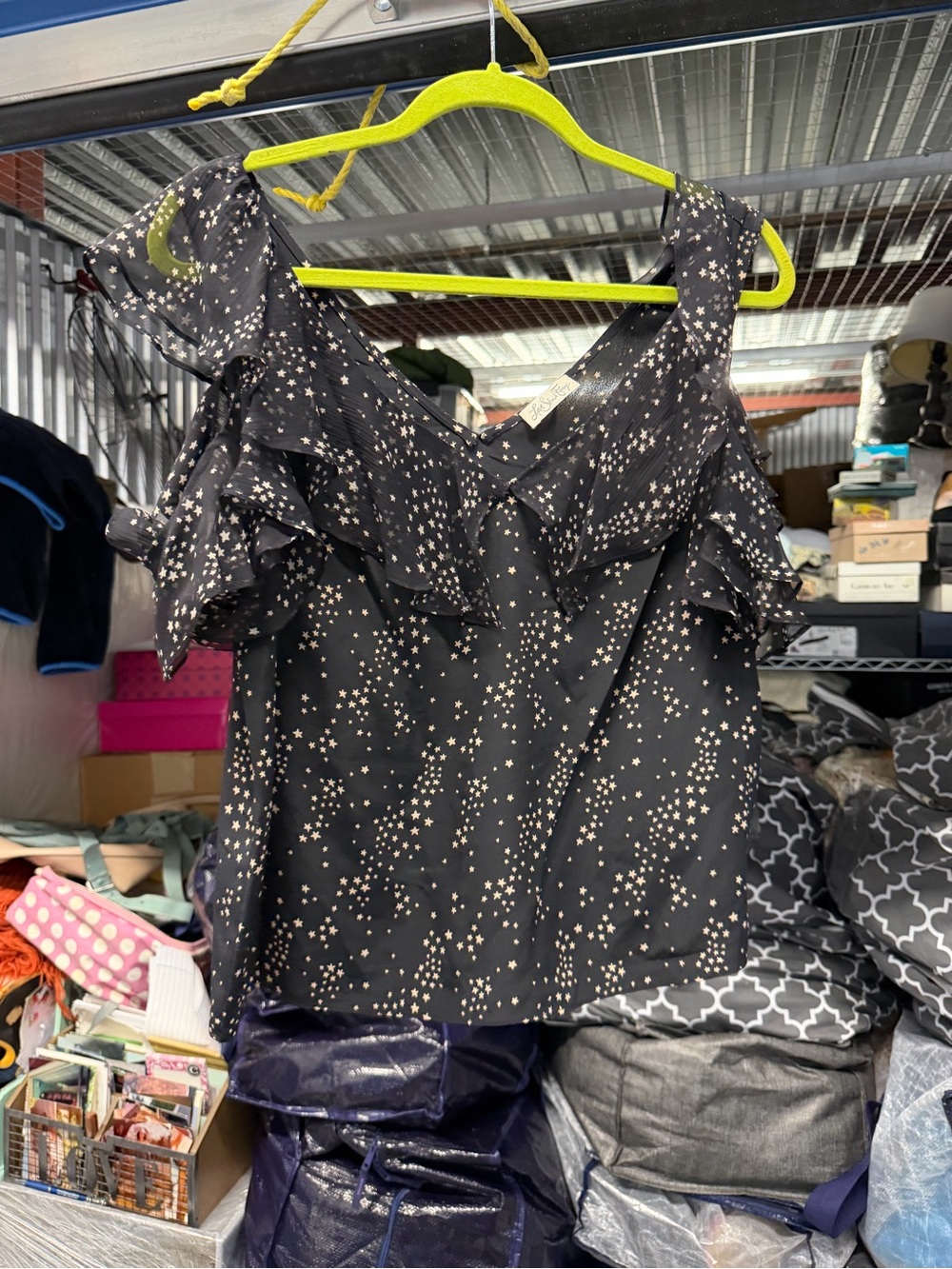 LoveShackFancy Black Star-Print Ruffle Cold-Shoulder Top